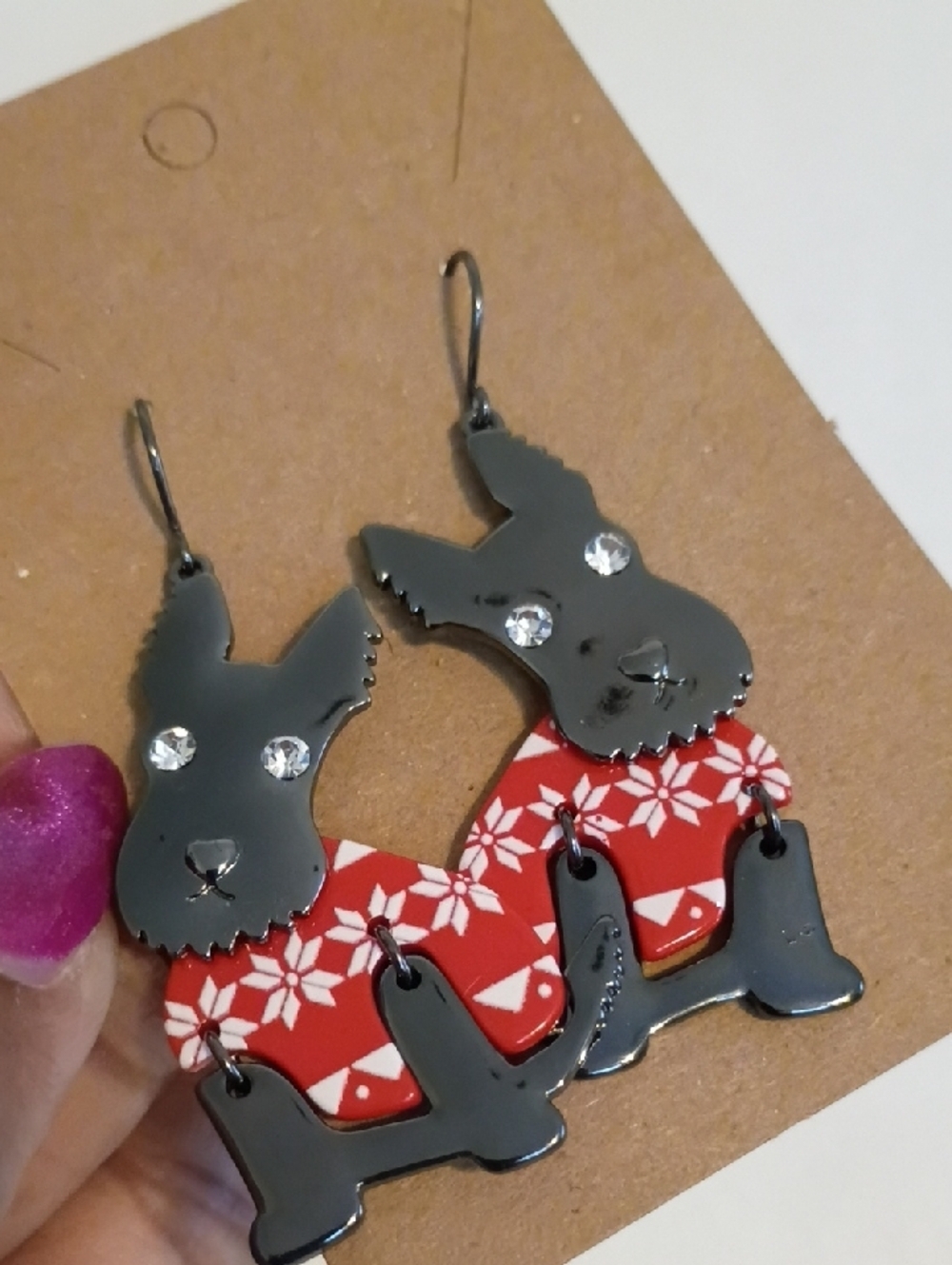 Scottie Dog Dangle Earrings Red Plaid Rhinestone Novelty Jewelry - Picture 4 of 6
